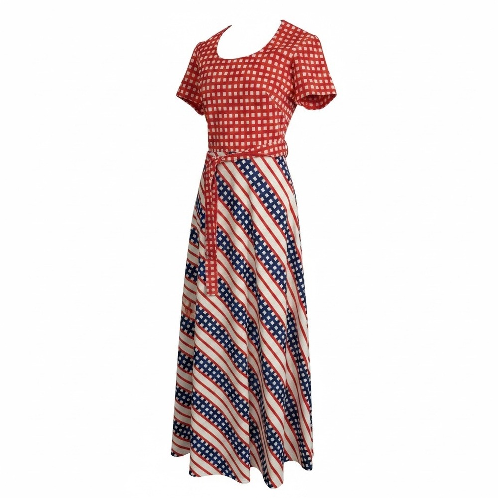VTG 70s Red White Blue Gingham Patriotic Maxi Dress Tag 11 Size 4/6 Small July 4